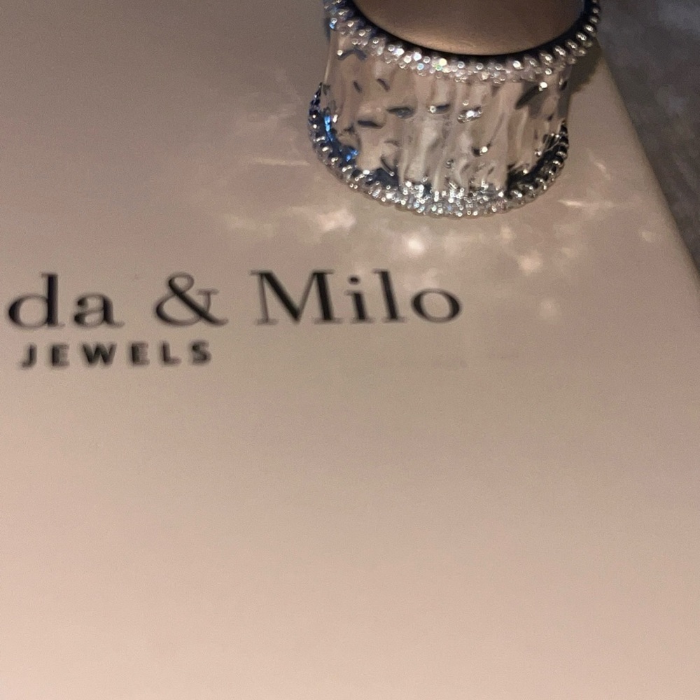 Hammered Silver Wide Band Ring with Pavé Edge Accents - Silver - Picture 10 of 14